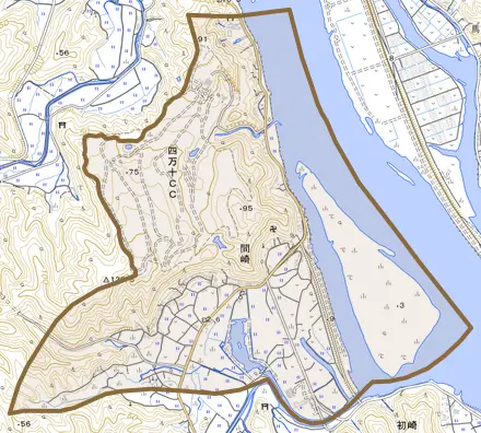 間崎とその周辺の地図。町の範囲を重ねている