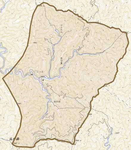 三ツ又とその周辺の地図。町の範囲を重ねている