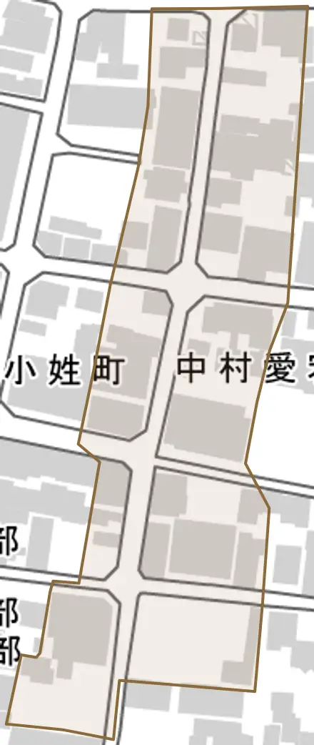 中村愛宕町とその周辺の地図。町の範囲を重ねている