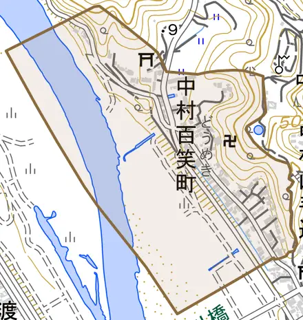 中村百笑町とその周辺の地図。町の範囲を重ねている