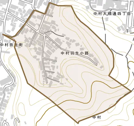 中村羽生小路とその周辺の地図。町の範囲を重ねている