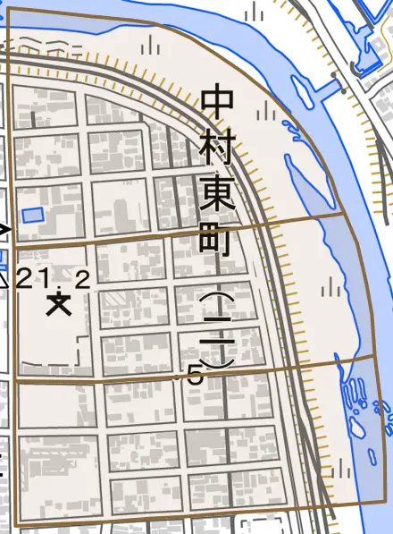 中村東町とその周辺の地図。町の範囲を重ねている