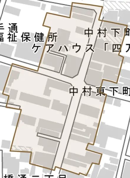 中村東下町とその周辺の地図。町の範囲を重ねている