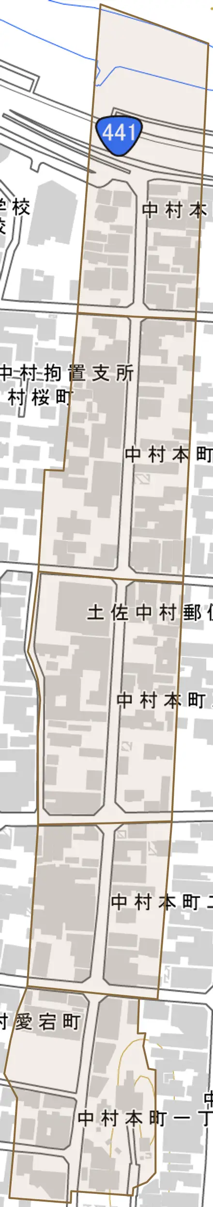 中村本町とその周辺の地図。町の範囲を重ねている