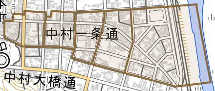 中村一条通とその周辺の地図。町の範囲を重ねている