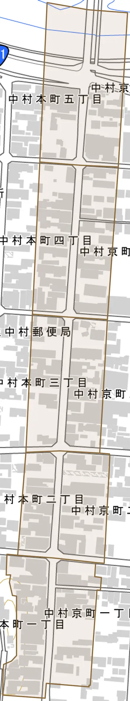 中村京町とその周辺の地図。町の範囲を重ねている