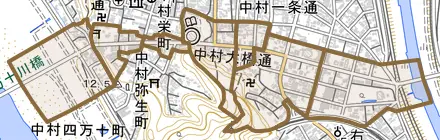 中村大橋通とその周辺の地図。町の範囲を重ねている
