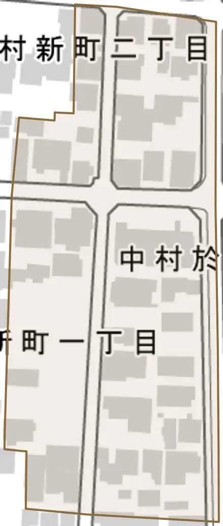 中村於東町とその周辺の地図。町の範囲を重ねている