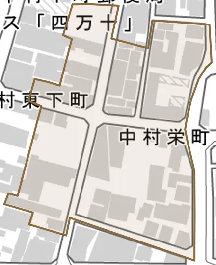 中村栄町とその周辺の地図。町の範囲を重ねている