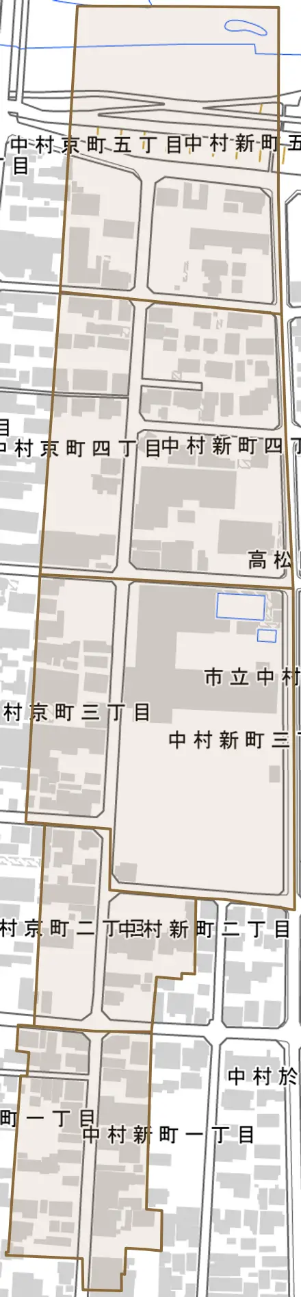 中村新町とその周辺の地図。町の範囲を重ねている