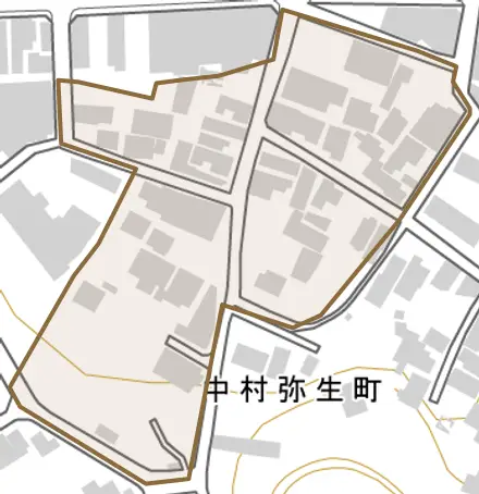 中村弥生町とその周辺の地図。町の範囲を重ねている