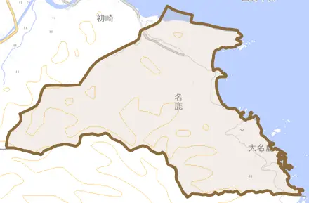名鹿とその周辺の地図。町の範囲を重ねている