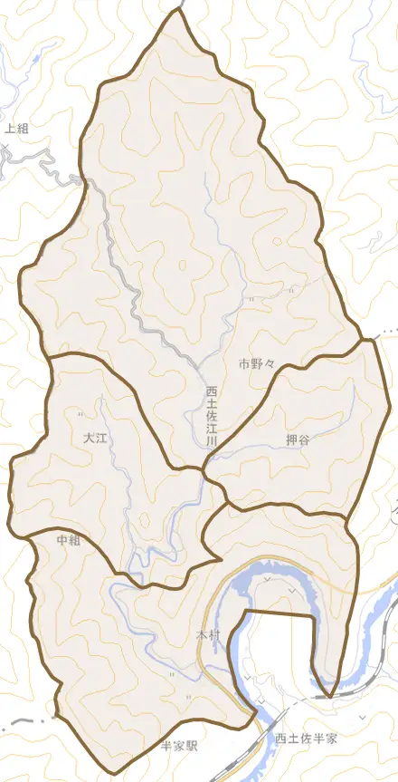 西土佐江川とその周辺の地図。町の範囲を重ねている