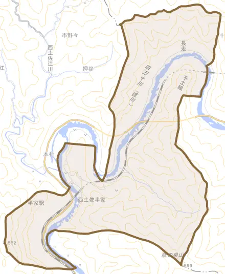 西土佐半家とその周辺の地図。町の範囲を重ねている