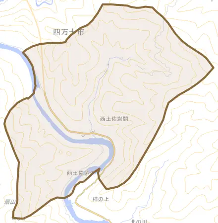 西土佐岩間とその周辺の地図。町の範囲を重ねている
