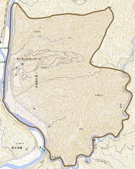 西土佐用井とその周辺の地図。町の範囲を重ねている