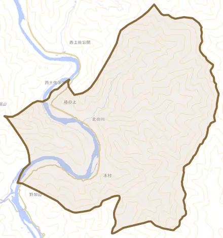 西土佐中半とその周辺の地図。町の範囲を重ねている