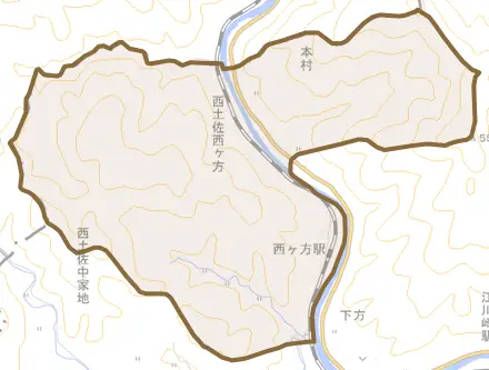 西土佐西ケ方とその周辺の地図。町の範囲を重ねている