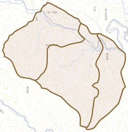 西土佐大宮とその周辺の地図。町の範囲を重ねている