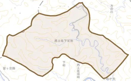 西土佐下家地とその周辺の地図。町の範囲を重ねている