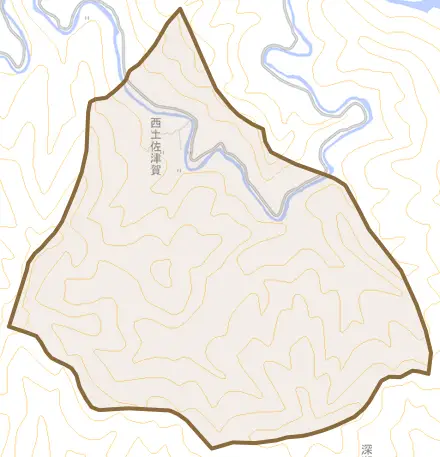 西土佐津賀とその周辺の地図。町の範囲を重ねている