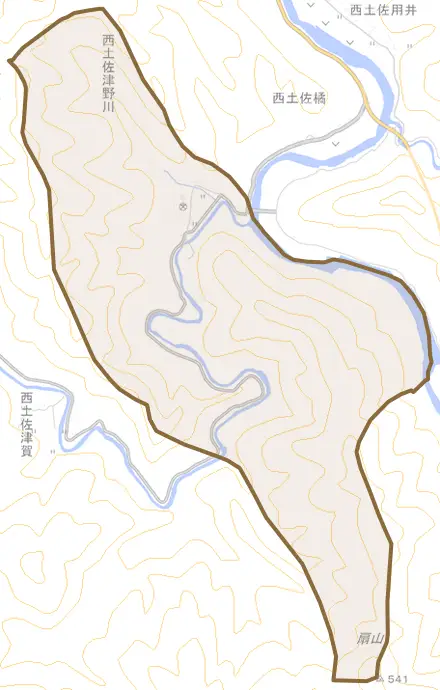 西土佐津野川とその周辺の地図。町の範囲を重ねている