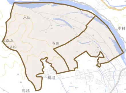 入田とその周辺の地図。町の範囲を重ねている
