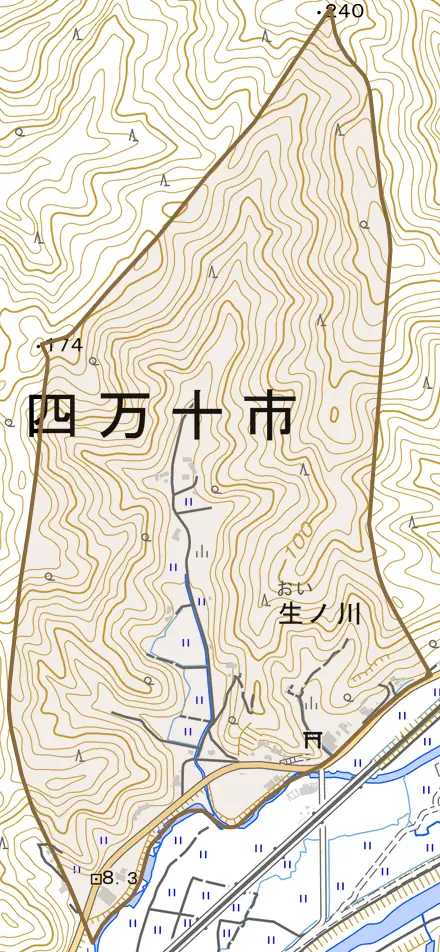 生ノ川とその周辺の地図。町の範囲を重ねている