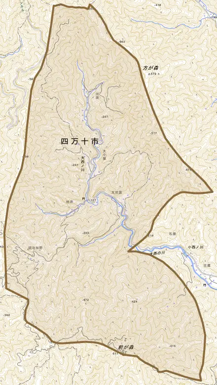 大西ノ川とその周辺の地図。町の範囲を重ねている