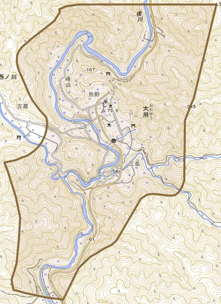 大用とその周辺の地図。町の範囲を重ねている