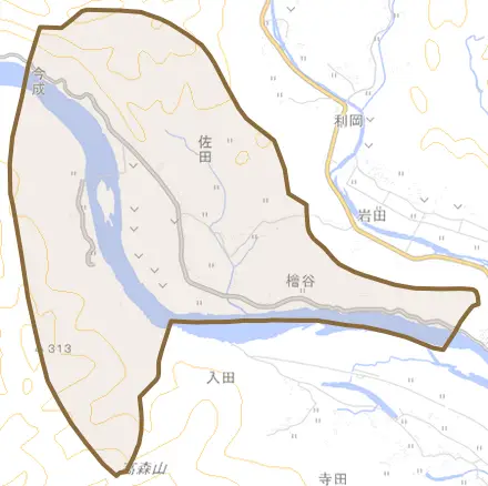 佐田とその周辺の地図。町の範囲を重ねている