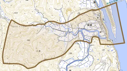 実崎とその周辺の地図。町の範囲を重ねている