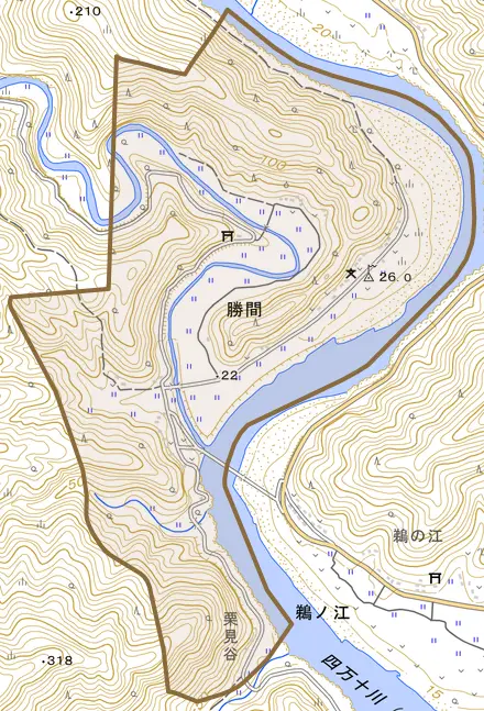 勝間とその周辺の地図。町の範囲を重ねている