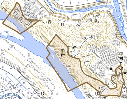 中村とその周辺の地図。町の範囲を重ねている