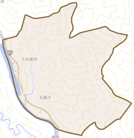 久保川とその周辺の地図。町の範囲を重ねている