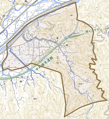 江ノ村とその周辺の地図。町の範囲を重ねている