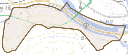 坂本とその周辺の地図。町の範囲を重ねている