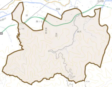 森沢とその周辺の地図。町の範囲を重ねている