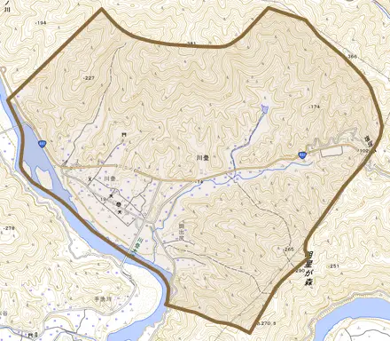 川登とその周辺の地図。町の範囲を重ねている