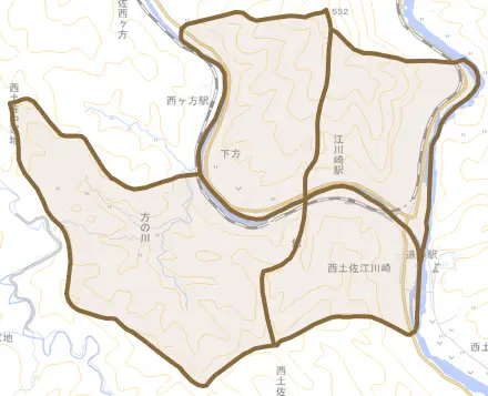 西土佐江川﨑とその周辺の地図。町の範囲を重ねている