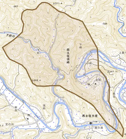 西土佐須﨑とその周辺の地図。町の範囲を重ねている