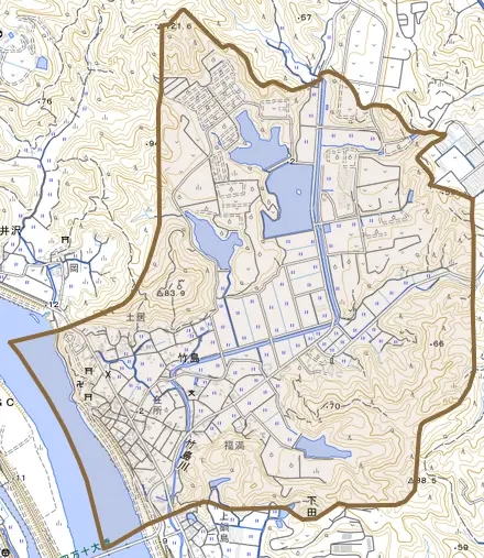 竹島とその周辺の地図。町の範囲を重ねている