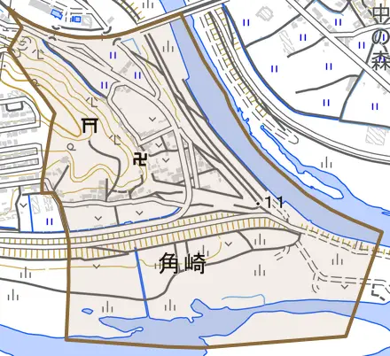 角崎とその周辺の地図。町の範囲を重ねている