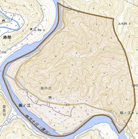 鵜ノ江とその周辺の地図。町の範囲を重ねている