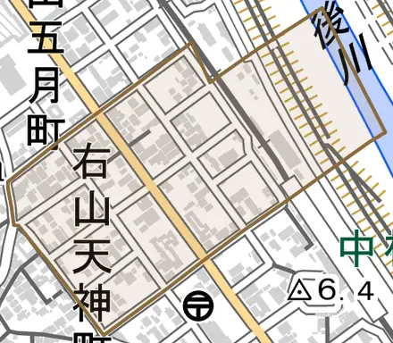 右山天神町とその周辺の地図。町の範囲を重ねている