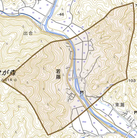 若藤とその周辺の地図。町の範囲を重ねている