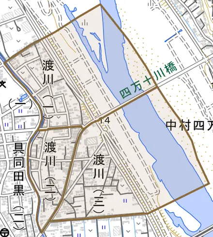 渡川とその周辺の地図。町の範囲を重ねている