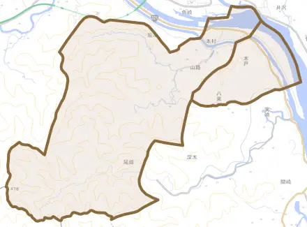 山路とその周辺の地図。町の範囲を重ねている