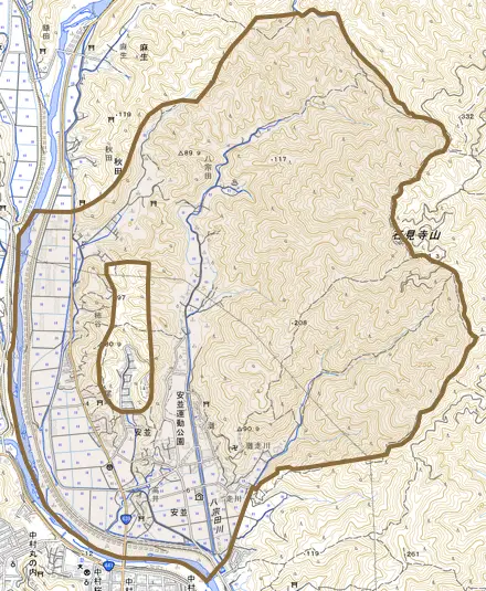安並とその周辺の地図。町の範囲を重ねている