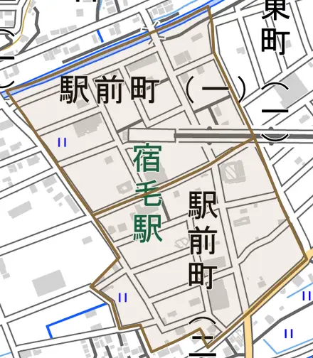 駅前町とその周辺の地図。町の範囲を重ねている